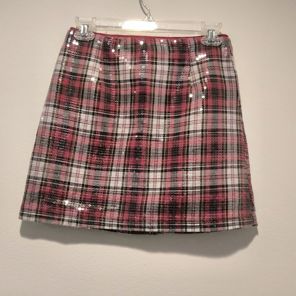 Franki by Francesca's NWT pink, black, and white plaid mini skirt with sequins